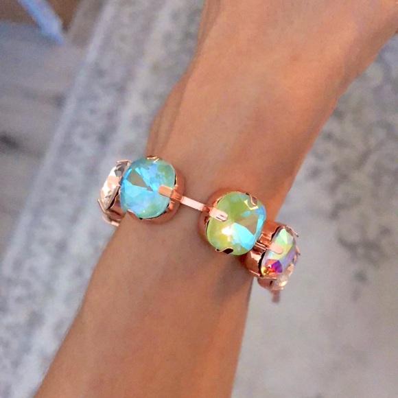 Aquamarine + Peridot AB Cushion Rose Gold Crystal Tennis Bracelet - Picture 9 of 11